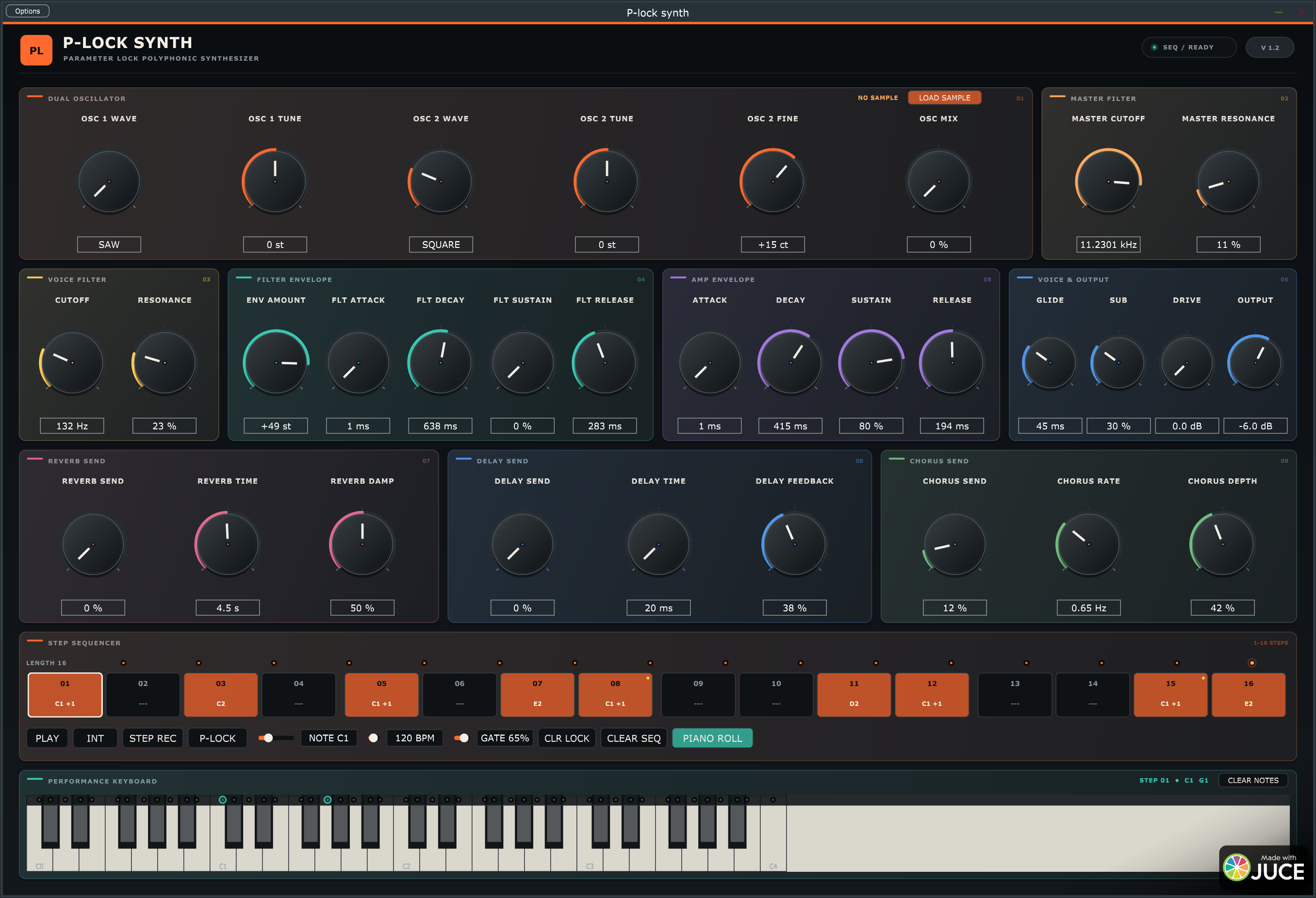 The complete P-lock synth interface with its sequencer, keyboard, oscillators, filters, envelopes and effects